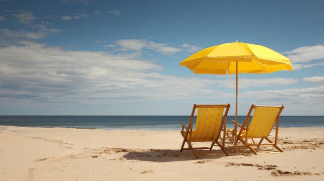 Two yellow beach chairs with matching umbrella on sandy beach overlooking the Atlantic Ocean in Nantucket, Massachusetts, USA, peaceful summer vacation destination with scenic coastal landscape and re
