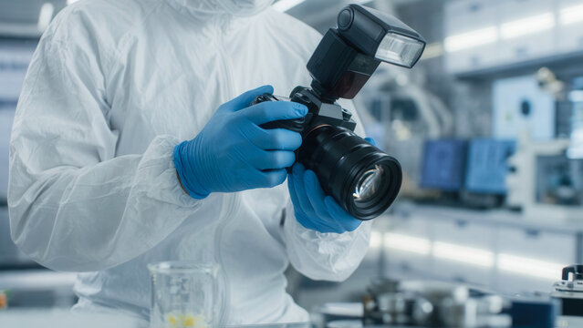 Gloved hands holding digital camera in sterile laboratory, documenting scientific evidence and safety audit compliance.