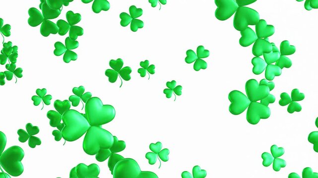 Green clovers float gently down in a 3D space, creating a lively effect. The animation shows the clovers descending in a bright setting, symbolizing spring and renewal