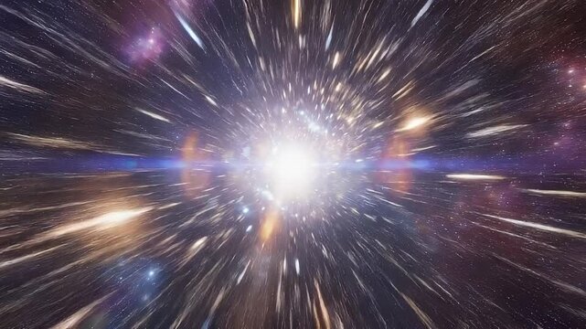 Abstract cosmic tunnel with bright light and star streaks in deep space galaxy background