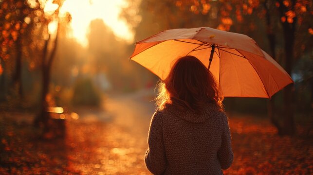 Woman walking through autumn park with umbrella at sunset, back view of female enjoying peaceful fall season nature scenery with golden sunlight, colorful trees, and relaxing outdoor lifestyle atmosph