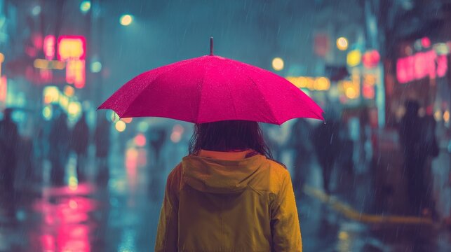Woman in yellow raincoat holding bright pink umbrella on rainy night, walking through wet city street with glowing reflections, colorful weather protection, urban lifestyle, monsoon atmosphere and dra