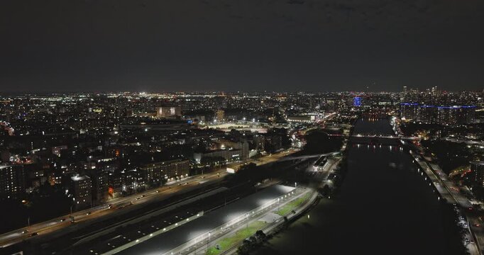 NYC New York Aerial v271 drone flyover Harlem river capturing night cityscape of Highbridge in the Bronx and Harlem in Manhattan and Macombs Dam bridge - Shot with Inspire 3 8k - September 2023