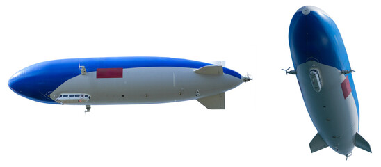 set of two blue and white airships flying seen from different angles on a transparent background © Flowal93