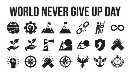 Obraz premium World Never Give Up Day icon set, 21 resilience and perseverance symbols in EPS format, black motivational icons for mental strength and determination