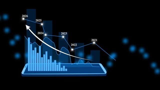 Technology-themed graph on tablet with descending line chart animation 2021 to 2026