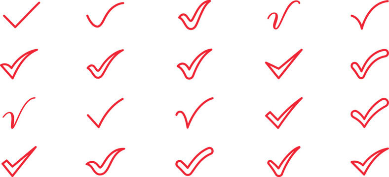 red check mark icon set. Tick symbol in red color in various styles and shapes 