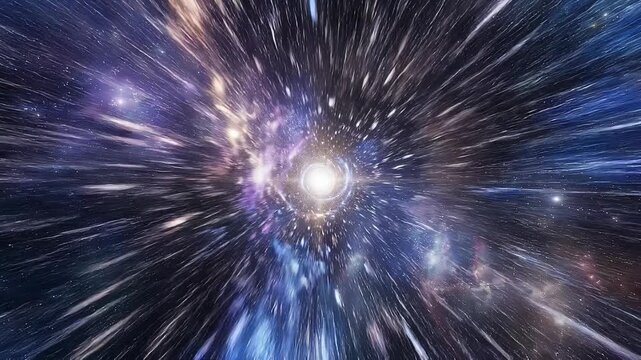 Bright glowing starburst in deep space with cosmic dust and colorful nebula background