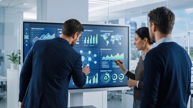 Corporate team discussing energy efficiency and sustainability metrics on large interactive smart screen in glass conference room, ESG strategy meeting