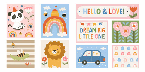 Colorful Flat Illustration Set With Animals Rainbows And Decorative Elements © Subarna