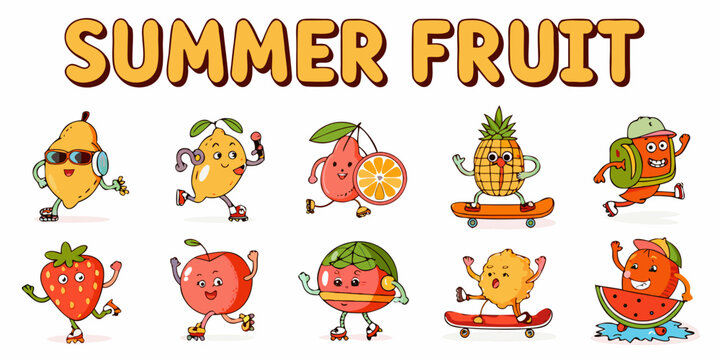 Anthropomorphic Fruit Characters Colorful Vector Illustration On White Background
