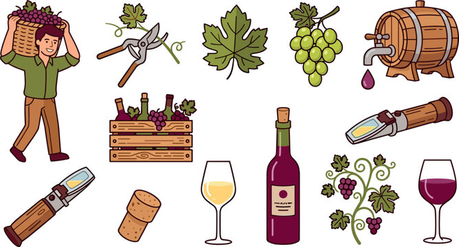 Vineyard Harvest and Winemaking Icon Set with Worker Carrying Grapes Refractometer Pruning Shears Oak Barrel Bottle Glasses and Crate Vector Illustration Collection
