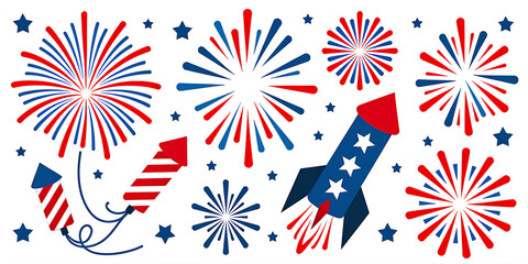 Fototapeta premium Red White and Blue Fireworks Rockets and Stars on White Background stock (125