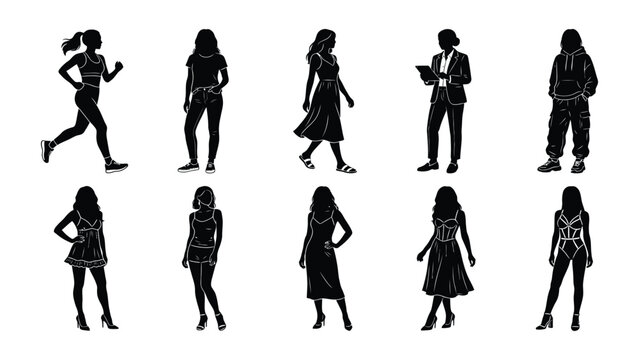 Female silhouettes represent a variety of professional and casual roles in a collection of isolated black vector figures.
