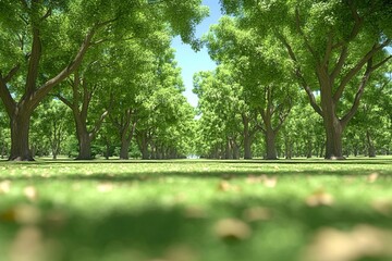 Fototapeta premium A panoramic woodland meadow featuring majestic sunlight and softly blurred emerald spring morning.