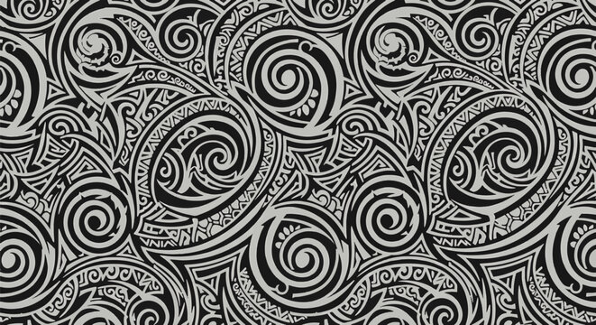 Seamless Maori tribal pattern featuring intricate black and grey koru spirals and geometric Polynesian motifs. High-contrast traditional New Zealand ethnic cultural design background.