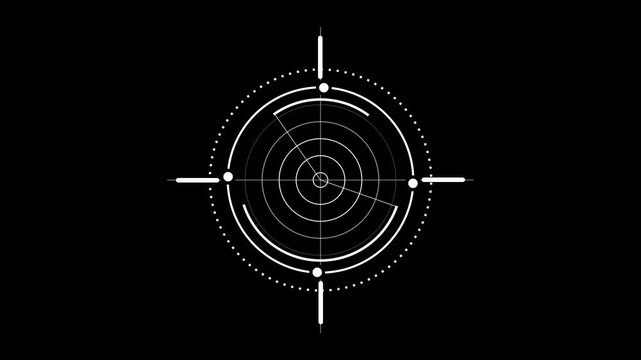 Digital radar screen interface with circular scanning lines and target crosshair on a black background for futuristic technology and military surveillance display graphics