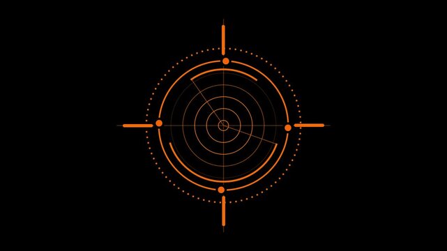 Orange futuristic radar target scope circular interface design on black background