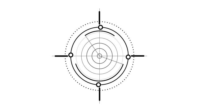 Abstract circular radar scope interface with concentric rings and navigation markers for digital technology and data analysis graphic design elements