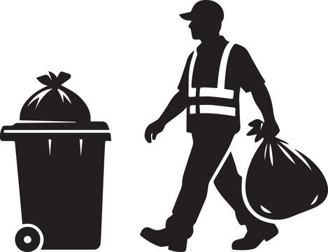 Garbage collector man carrying a trash bag to a bin Vector, illustration