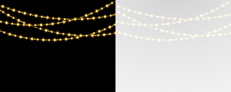 Glowing strings of Christmas decorations with golden ribbons and illuminated festive lamps.