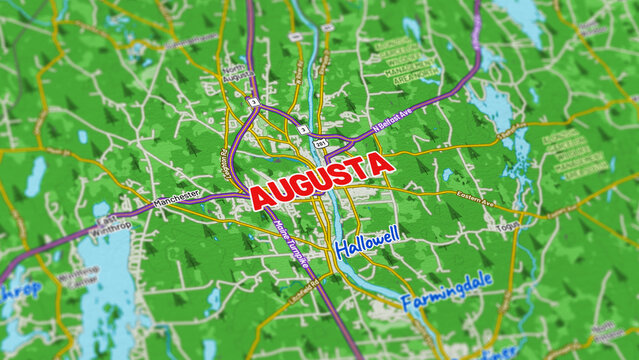 Macro View of Augusta Maine Map Showing Detailed Streets, Roads, and Geographic Layout