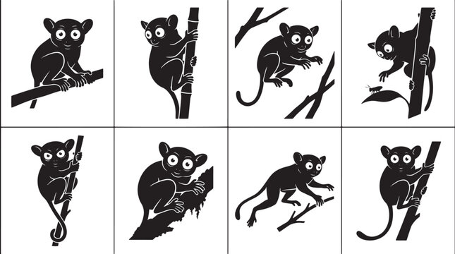 Tarsier monkey silhouette collection, 8 vector icons of exotic primates on branches, black and white wildlife animal set for nature logos isolated on Transparent Background