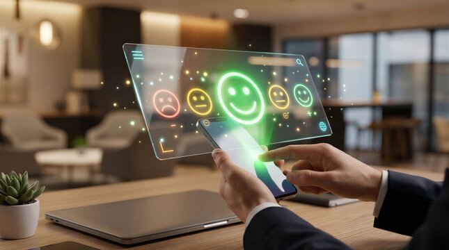 Businessman uses a smartphone to view holographic customer satisfaction emojis in a modern office setting during digital feedback analysis.