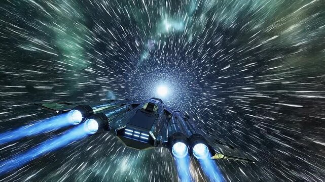 Futuristic spaceship flying through a colorful cosmic wormhole in deep space with glowing engines