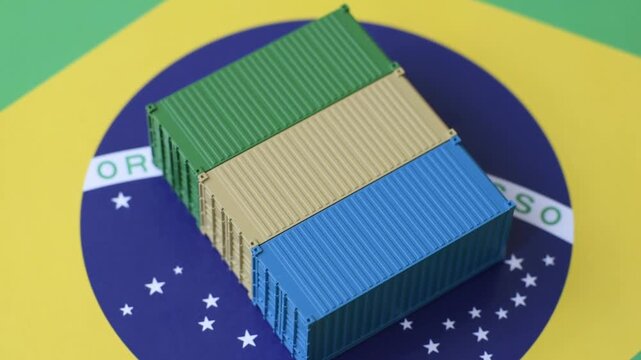 Cargo containers on the brazil flag as a conceptual backdrop for goods export and logistics. Cargo containers on the brazil flag as a background for your design