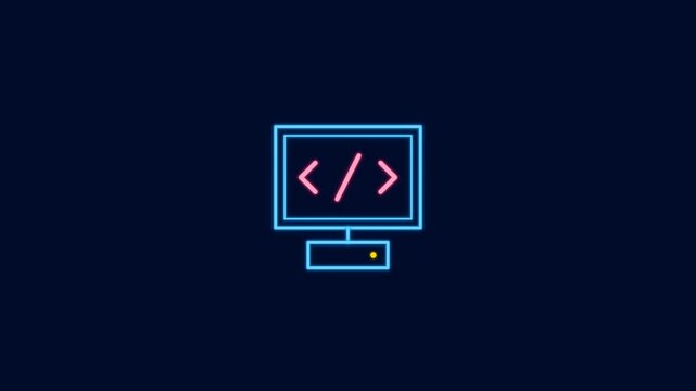 Neon Glowing Line Icon of Programming Code on Computer Screen, Abstract Digital Development Concept.