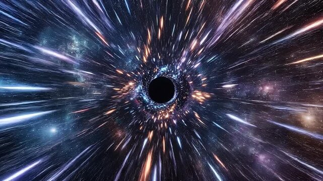 Stunning cosmic black hole with colorful glowing space dust and dynamic light streaks in deep galaxy