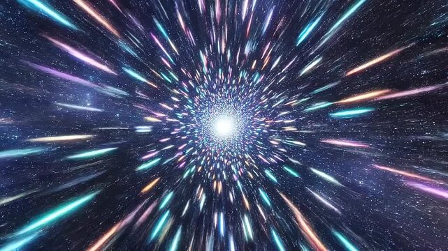 Colorful space warp tunnel with glowing cosmic light rays and starry galaxy background in outer space