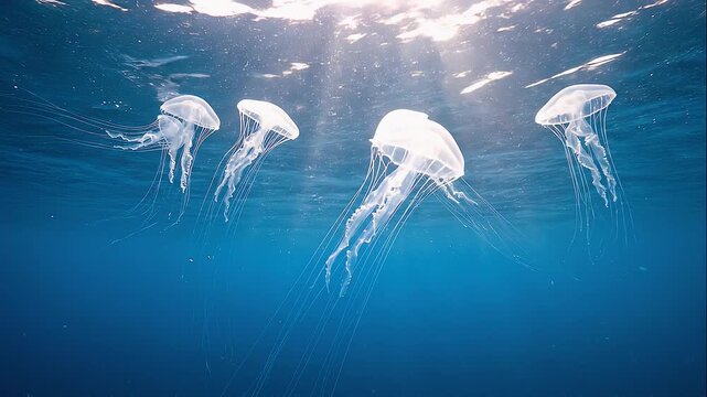 Medusa transl&uacute;cida flotando bajo la superficie del oc&eacute;ano azul, iluminada por sutiles rayos de sol que se filtran en el agua limpia.