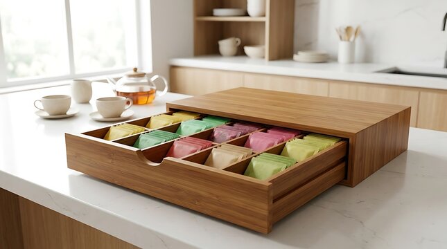 Wooden tea bag storage organizer box with multiple compartments on a modern kitchen counter. tea storage solutions