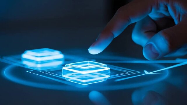 Hand pressing illuminated digital buttons on blue interface.