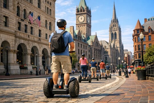 Group of people riding segways in the city, transportation alternative