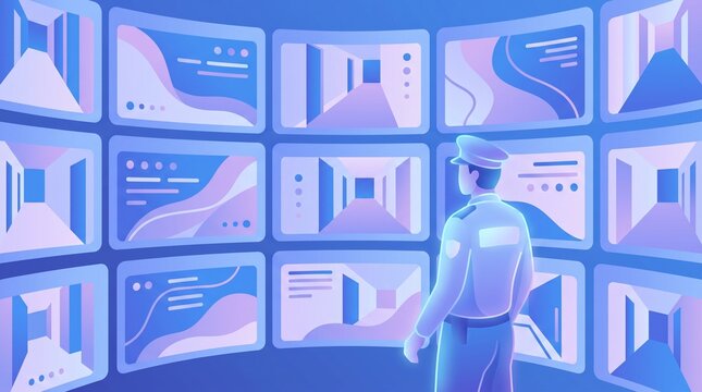Security guard monitoring multiple surveillance screens in a modern digital control room