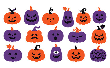 Fototapeta premium Set of halloween vector pumpkins diverse jack o' lantern faces for spooky autumn designs