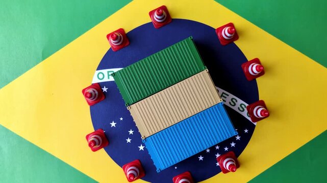The cargo container ban on the brazil flag as a conceptual backdrop for the export and logistics of goods. The cargo container embargo on the brazil flag as a backdrop for your design