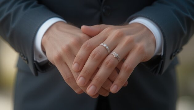 Elegant close-up of hands adorned with wedding rings showcasing love and commitment in a romantic setting with a hint of nature's beauty