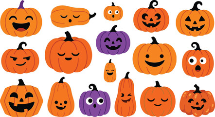 Obraz premium Colorful Hand Drawn Halloween Pumpkin Faces Illustration Set Flat Lay