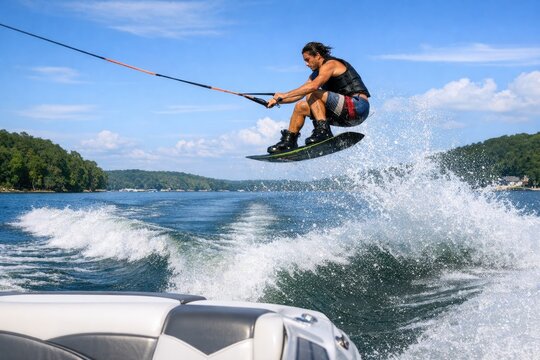 A person riding a wakeboard on the surface of a lake or sea, with no other people in sight