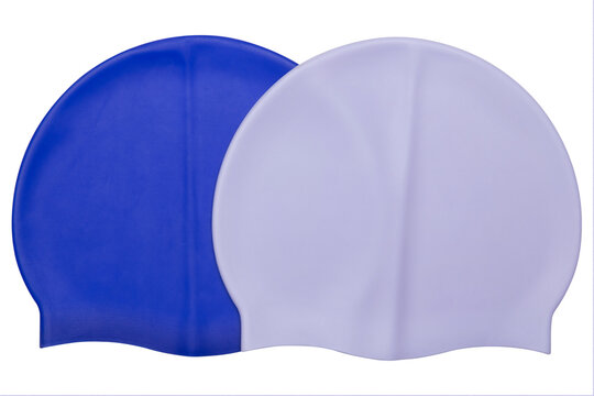Two silicone swimming caps in blue and lavender colors isolated on white background, group of colorful waterproof swim hats