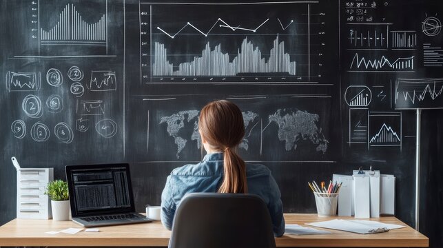 Woman sits at desk facing chalkboard wall filled with charts and graphs, working on laptop.