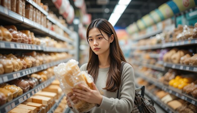 Young woman shopping for bread in a grocery store aisle filled with various baked goods and loaves of bread with soft natural lighting