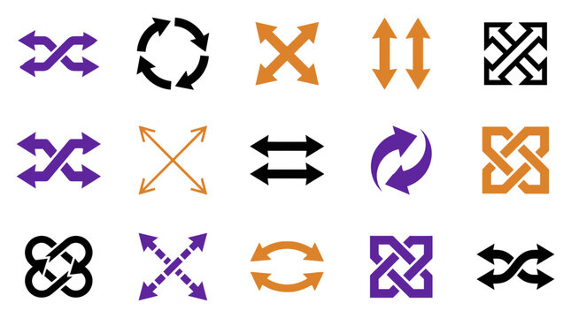 Set of assorted directional arrows and abstract flow symbols in orange purple and black with navigation, direction