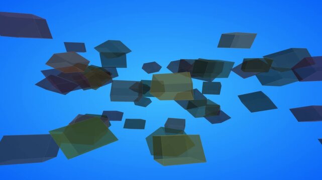 A cinematic view of multiple translucent, multicolored cubic blocks drifting slowly and rotating in three-dimensional space against a vibrant blue gradient background.