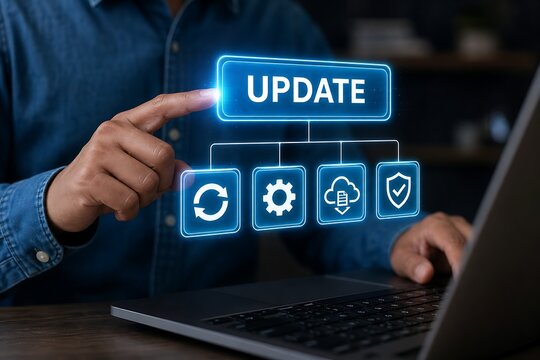 Businessman pointing at glowing update button on laptop with software icons