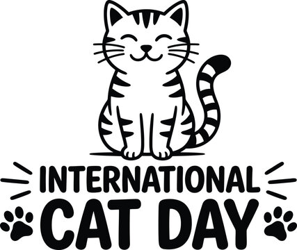 International cat day cute sitting cat with paws text vector isolated on transparency background.